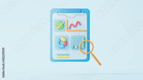 An animation of data statistics and analysis charts changing on a folder,3D rendering