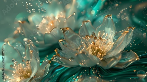 Green gold water and flower poster background