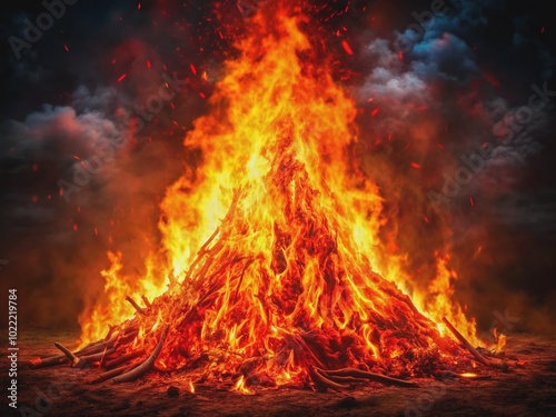 Small red bonfire erupts into a massive inferno, blazing with intense vector flames, as fiery consequences of explosion unfold, consuming everything in its path. photo