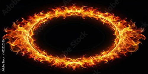 An abstract oval frame formed by fiery embers and vibrant flames, creating a glowing halo against a dark backdrop. photo