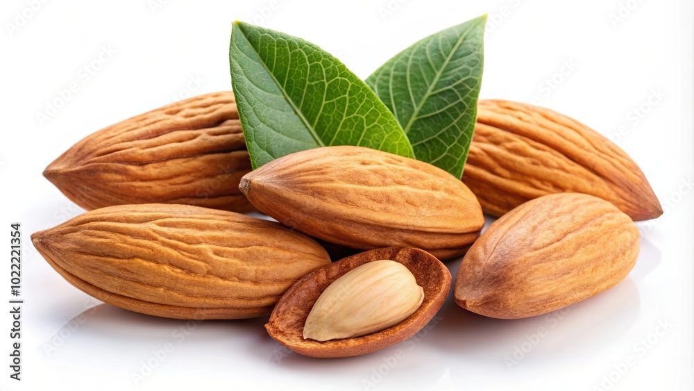 A Group of Almond Nuts With Leaves, Displaying Their Smooth Brown Skin and Inner Kernels A Group of Almond Nuts With Leaves, Displaying Their Smooth Brown Skin and Inner Kernels