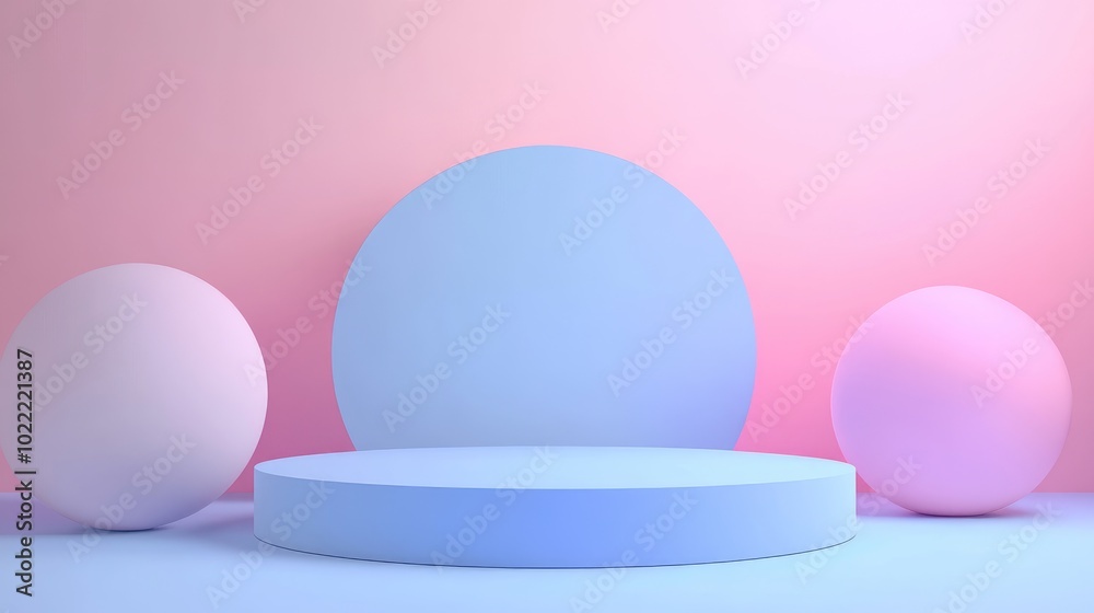 Fototapeta premium Blue Cylinder Platform with Pastel Pink and Blue Spheres on a Pink Background