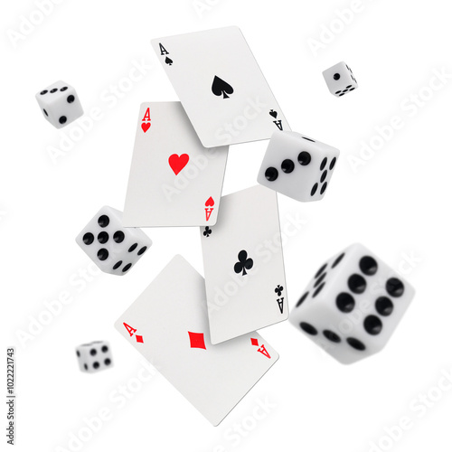 Poker card aces and dice flying on transparent background png photo