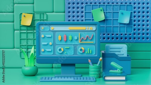 An animation of business data and statistical analysis charts changing on a computer screen,3D rendering