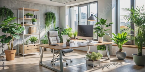 Modern office workspace with sleek work desk  silver computer  and stylish potted plants  surrounded by neutral colors and plenty of natural light.