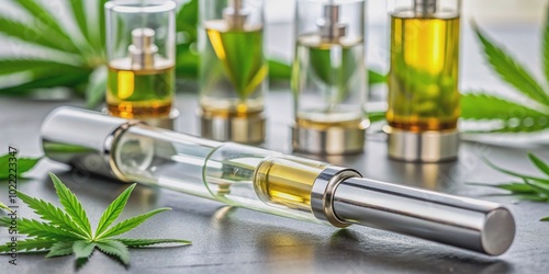 A sleek, transparent vape cartridge filled with golden HHC distillate, surrounded by cannabis leaves and lab equipment, on a clean, modern workbench surface. photo