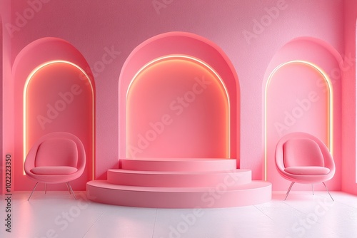 Pink Room with Arches, a Platform, and Chairs