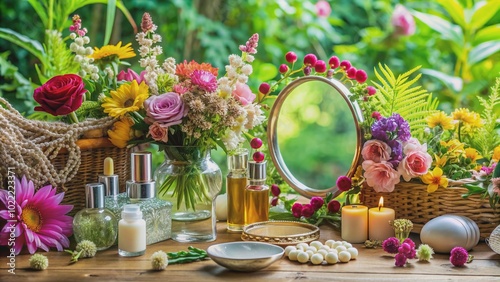 Vibrant flowers and lush greenery surround a elegant vanity with skincare products and jewelry, evoking a sense of self-love, confidence, and radiant beauty. photo