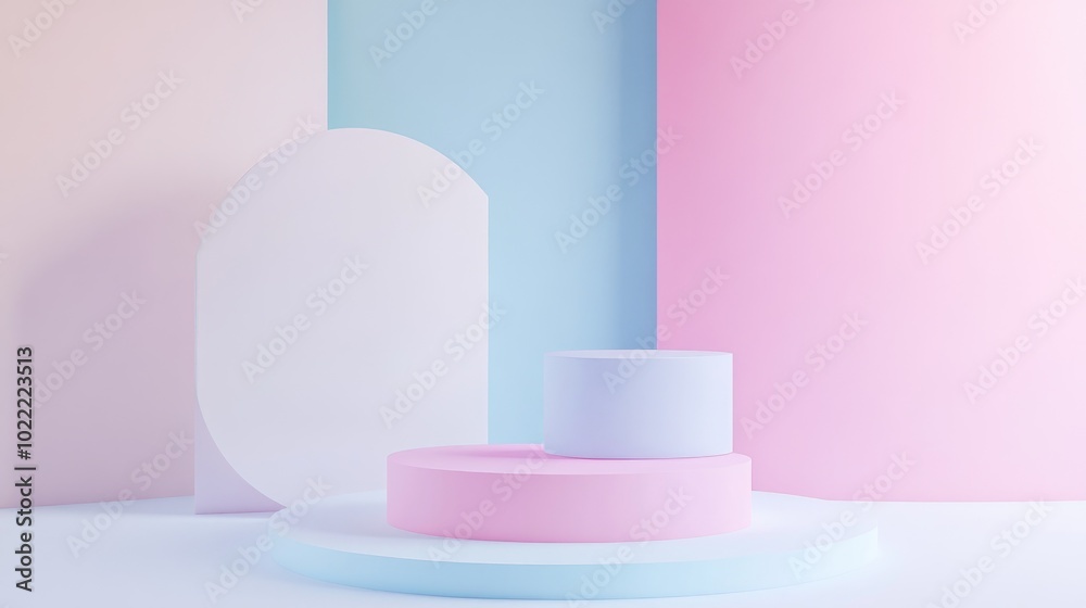 Pastel-colored cylindrical display stand with a curved white panel backdrop Pastel-colored cylindrical display stand with a curved white panel backdrop