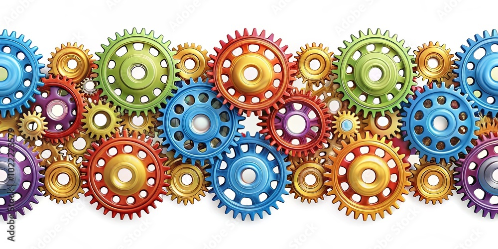 An array of interconnected gears, each painted a vibrant hue, showcasing the intricate beauty of synchronized motion and the power of collaboration.