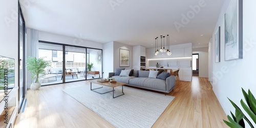 A bright and airy living room with large white walls  light wood floors  a plush gray sofa  and green plants scattered around  showcasing the space in panorama