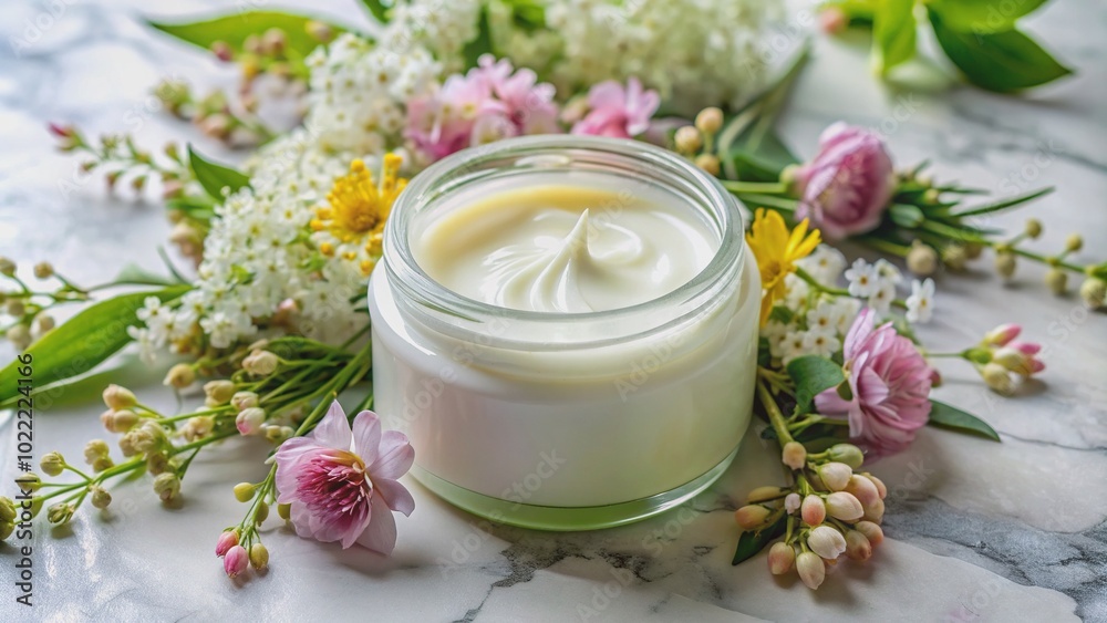 Rich moisturizing cream with extract of Shea butter in a elegant jar on a marble background, surrounded by delicate flowers and lush greenery accents. Rich moisturizing cream with extract of Shea butter in a elegant jar on a marble background, surrounded by delicate flowers and lush greenery accents.