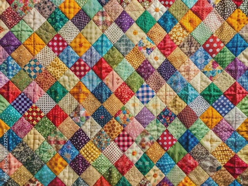 Vibrant colors combine in a classic patchwork quilt featuring basic square pattern, stitched together with precise craftsmanship and vintage charm.