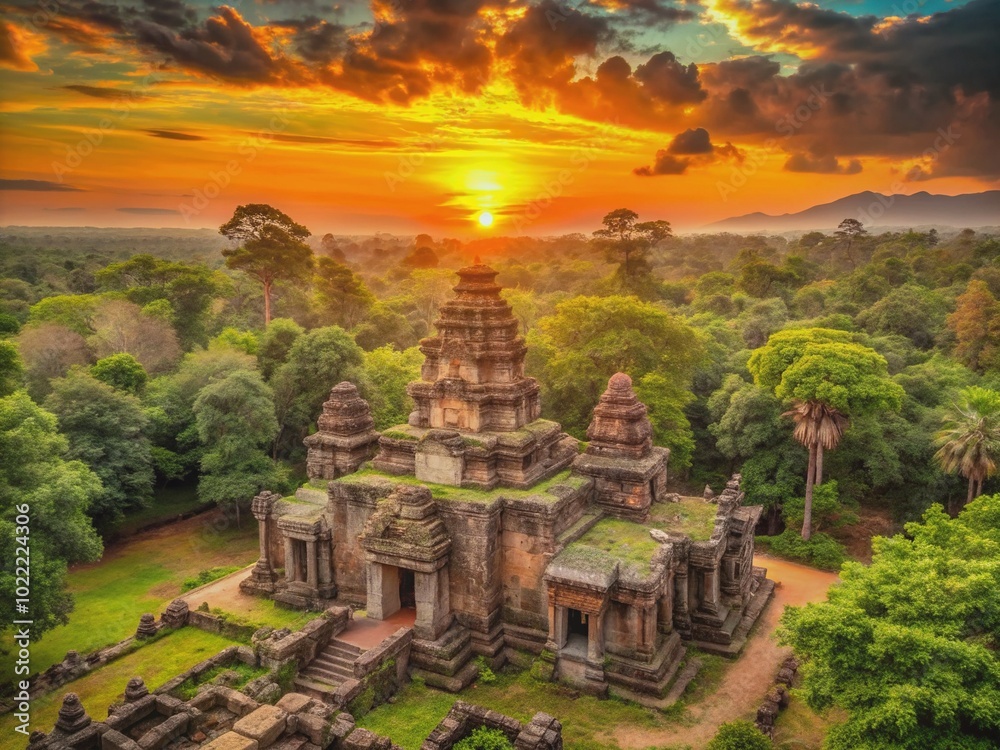 Fototapeta premium Vibrant sunset casts a warm orange glow over ancient crumbling temple walls, surrounded by lush green jungle foliage in rural Cambodia.