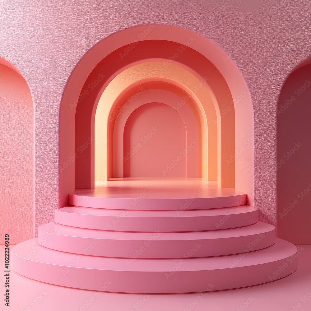 Pink Architectural Structure with Circular Steps and Arched Openings Pink Architectural Structure with Circular Steps and Arched Openings