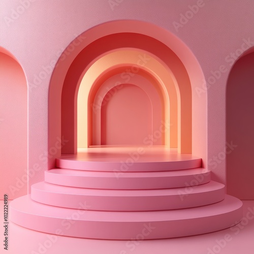 Pink Architectural Structure with Circular Steps and Arched Openings