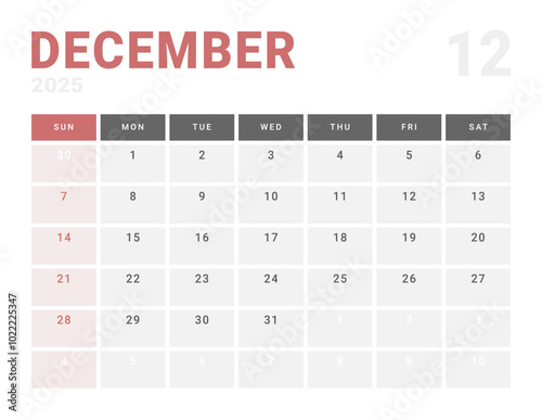 Monthly page Calendar Planner Template of December 2025. Vector layout of calendar with week start Monday for Scheduling. Page for size A4 or 21x29.7 cm