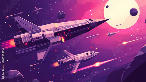 Spaceships in a dogfight, interstellar conflict, flat design illustration. Starfighter Battle. Illustration photo