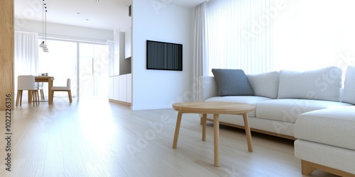 A bright, open-plan living room in Scandinavian design, featuring a minimalist sofa, wooden accents, and large windows with sheer curtains, letting in soft daylight