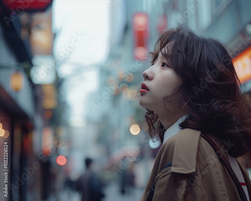 Thoughtful Young Woman Strolling Through Bustling Evening City Street - Candid Photograph of Urban Exploration