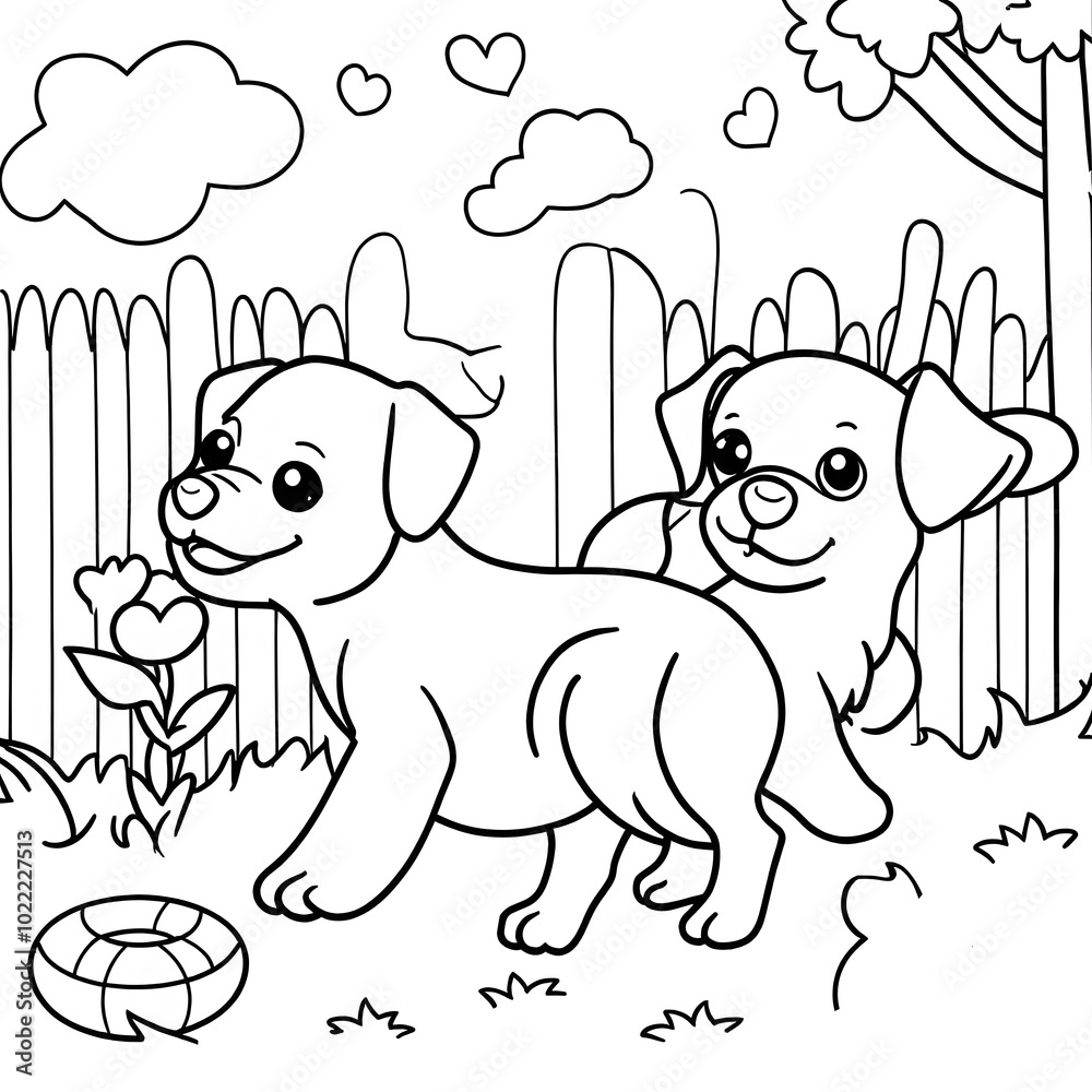dog and puppies playing in a yard, children coloring book cartoon , Digital illustration. dog and puppies playing in a yard, children coloring book cartoon , Digital illustration.