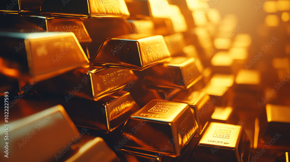 Fototapeta premium Close-up view of shining gold bars stacked together, reflecting warm light, symbolizing wealth and prosperity in financial contexts.