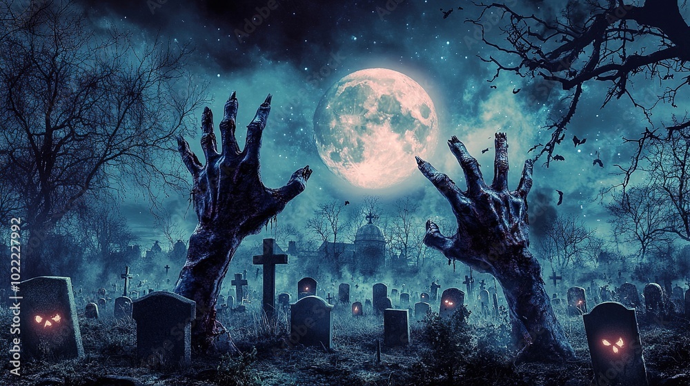 Obraz premium Eerie Graveyard with Zombie Hands and Full Moon