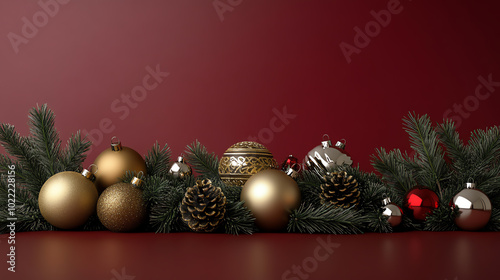 Decorative Christmas ornaments and pine cones arranged on a festive red background, perfect for holiday themes.