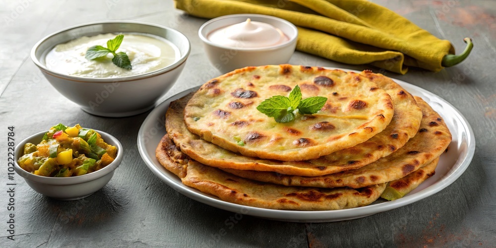 A Stack of Golden Brown Flatbreads with a Garnish of Fresh Mint, Accompanied by a Side of Creamy Dip and a Spicy Relish A Stack of Golden Brown Flatbreads with a Garnish of Fresh Mint, Accompanied by a Side of Creamy Dip and a Spicy Relish