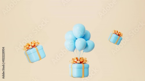 An animation of balloons pulling a gift box as it gradually floats upward.3D rendering