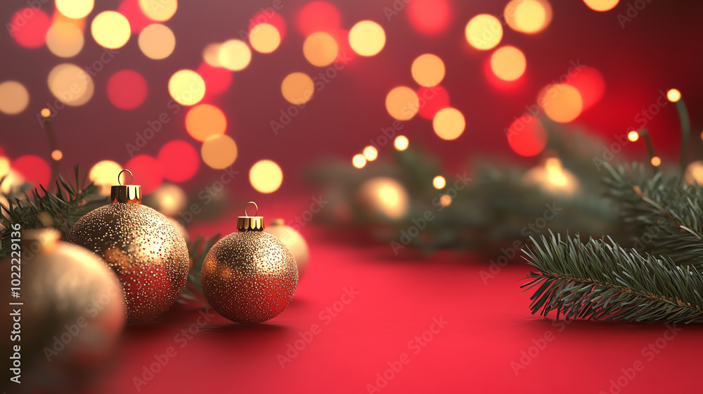 Festive Christmas ornaments and pine branches on a red background, creating a warm and inviting holiday atmosphere with soft bokeh lights. Festive Christmas ornaments and pine branches on a red background, creating a warm and inviting holiday atmosphere with soft bokeh lights.