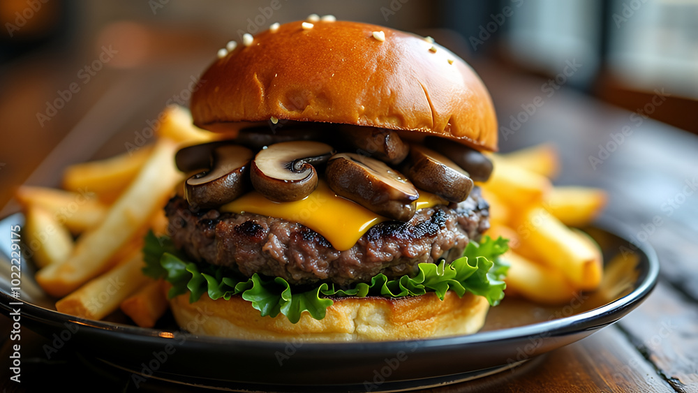A burger with a beef patty, mushrooms, and melted cheese, neatly arranged on a dark plate with french fries A burger with a beef patty, mushrooms, and melted cheese, neatly arranged on a dark plate with french fries