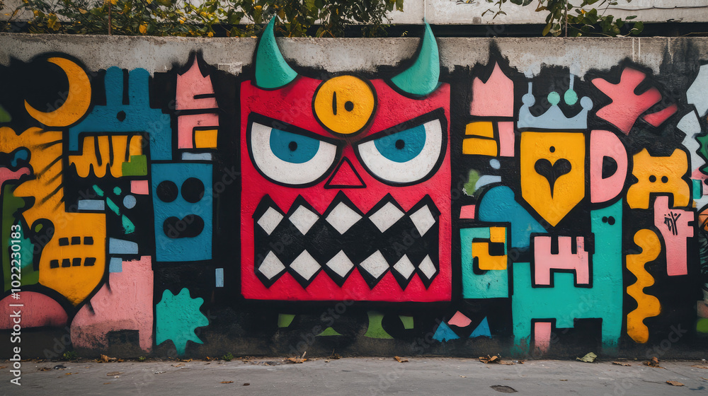 This graffiti devil, with its intricate designs and vibrant colors, brings both menace and artistic flair to the brick wall, creating a bold visual statement. This graffiti devil, with its intricate designs and vibrant colors, brings both menace and artistic flair to the brick wall, creating a bold visual statement.