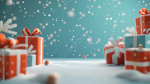 Wallpaper Mural Festive scene with beautifully wrapped presents in vibrant colors, surrounded by delicate snowflakes on a serene winter background. Torontodigital.ca