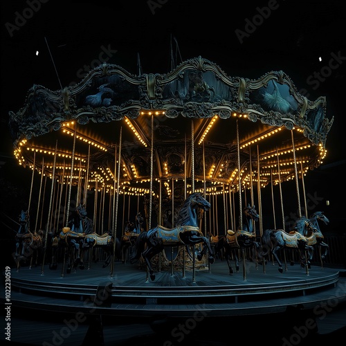 Nightmare Carousel A dark carousel featuring nightmarish creatures instead of horses. The music is haunting, and eerie lights flash as the carousel spins, drawing in unwary visitors. photo