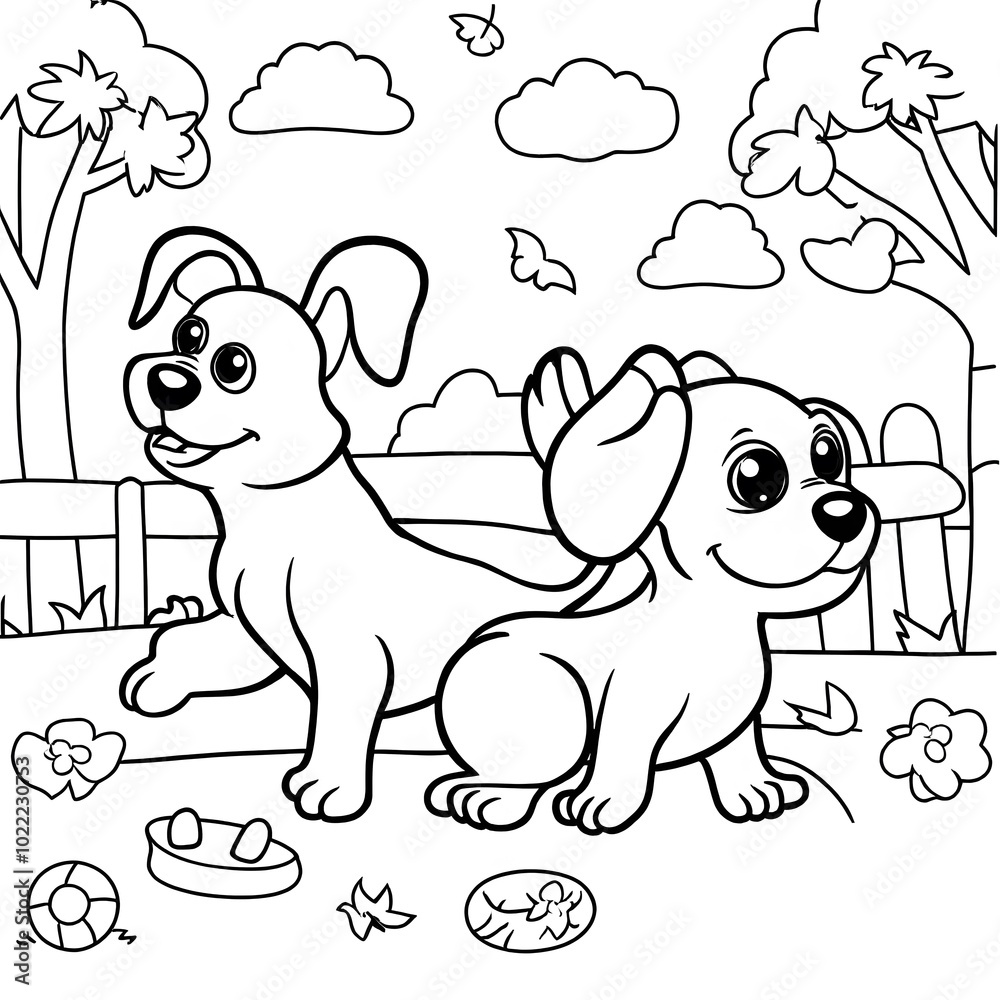 dog and puppies playing in a yard, children coloring book cartoon , Digital illustration. dog and puppies playing in a yard, children coloring book cartoon , Digital illustration.