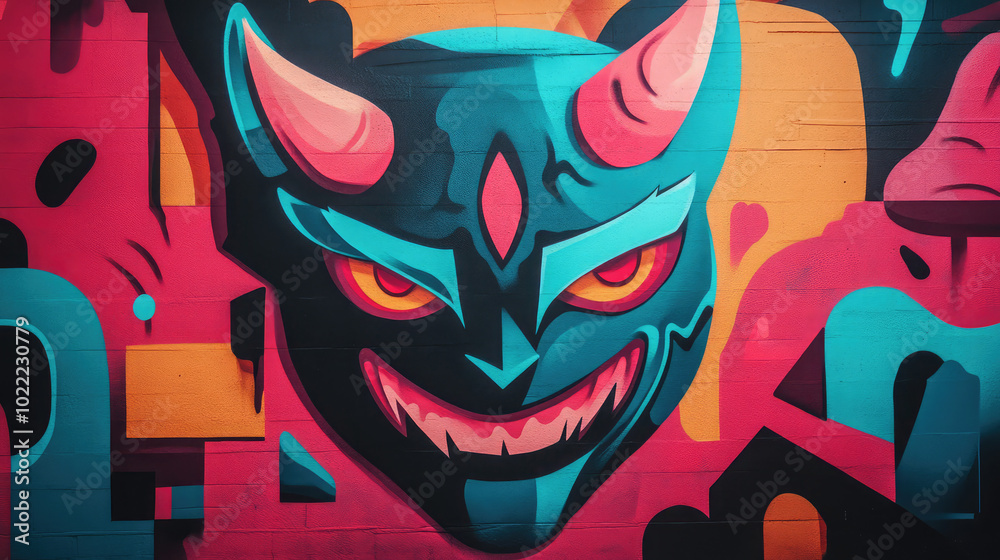 A dynamic graffiti mural of a devil with fierce eyes and exaggerated features, rendered in vivid, neon shades, the devil form blending with the urban backdrop and street art. A dynamic graffiti mural of a devil with fierce eyes and exaggerated features, rendered in vivid, neon shades, the devil form blending with the urban backdrop and street art.