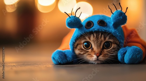 Halloween Background, Cute cat wearing a blue costume, playful expression, blurred background. photo