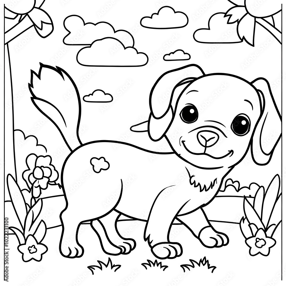 dog and puppies playing in a yard, children coloring book cartoon , Digital illustration. dog and puppies playing in a yard, children coloring book cartoon , Digital illustration.