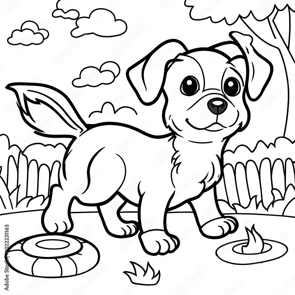 Fototapeta premium dog and puppies playing in a yard, children coloring book cartoon , Digital illustration.
