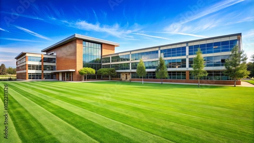 A modern brick and glass office building stands proudly on a manicured lawn, the perfectly striped grass showcasing meticulous landscaping.