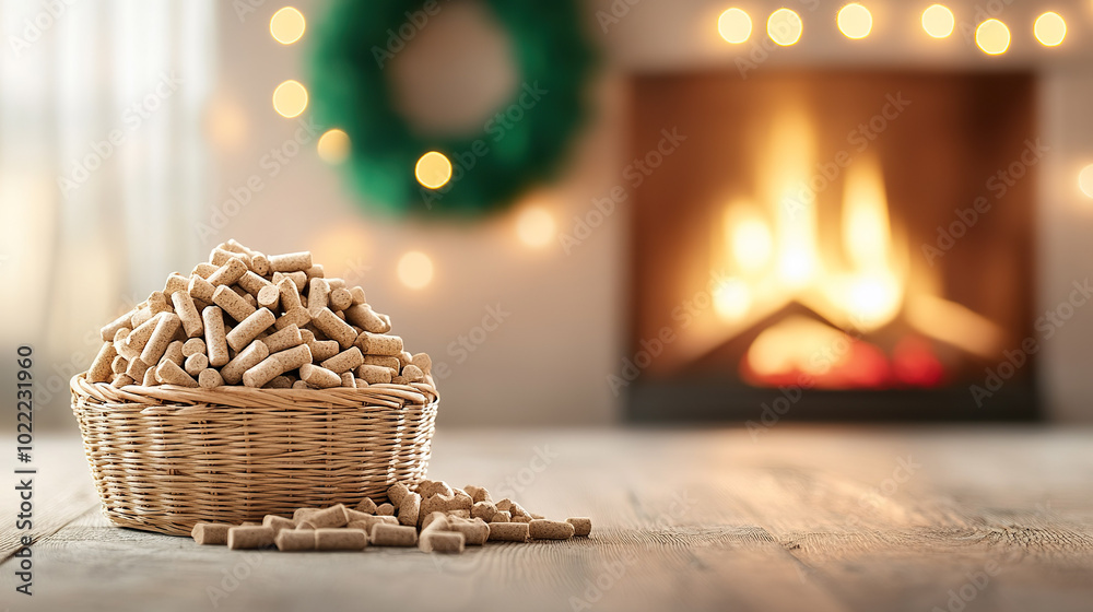 Obraz premium cozy scene with basket of wood pellets on wooden table, set against warm fireplace and festive lights