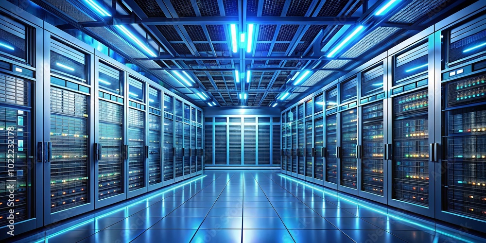 A Glimpse into the Labyrinth of Data Storage, Where Rows of Server Racks Stretch into the Infinite, Glowing with the Light of a Digital Cosmos
