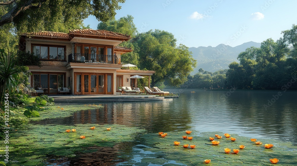Serene lakeside villa surrounded by lush greenery and water lilies. Serene lakeside villa surrounded by lush greenery and water lilies.