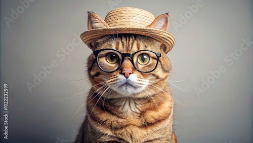 A feline with a straw hat and spectacles, gazing intently at the camera, showcasing the undeniable charm of a cat dressed in human attire. photo