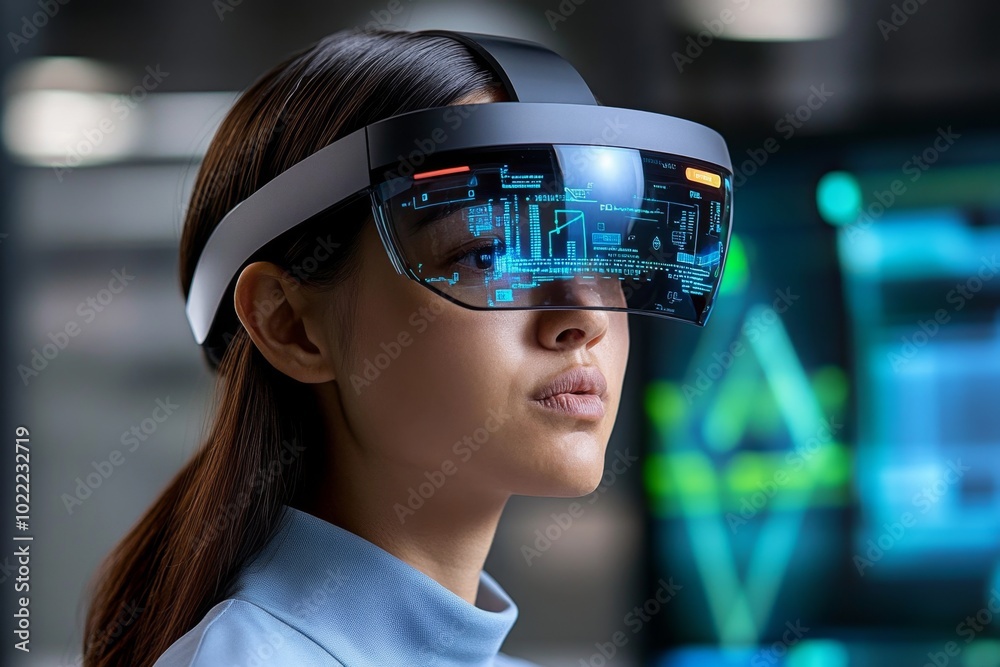 Futuristic depiction of a skeptic in a high-tech world, wearing augmented reality glasses, questioning a holographic display of information