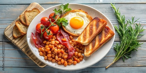 A Hearty Breakfast Plate Featuring Fried Egg, Toasted Bread, Baked Beans, Bacon, and Cherry Tomatoes