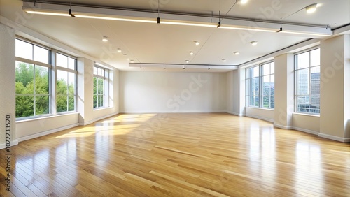 A Spacious Room with Large Windows and Sunlight Streaming Through, Showcasing a Gleaming Hardwood Floor and a Minimalist Design Aesthetic