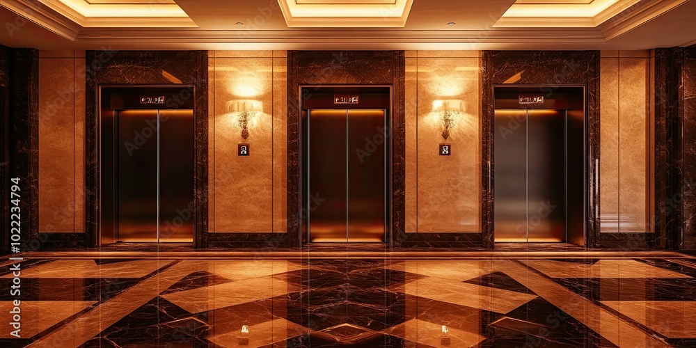 Fototapeta premium luxury three elevators hotel lobby with attractive decoration and elegant floor, captivating dark brown and gold colour 
