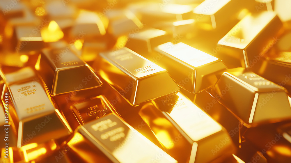 An array of shining gold bars stacked together, reflecting light, symbolizing wealth and prosperity. An array of shining gold bars stacked together, reflecting light, symbolizing wealth and prosperity.